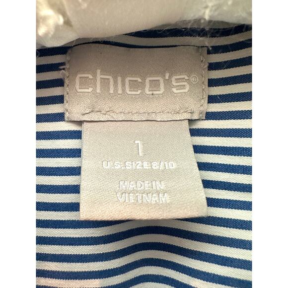 CHICO’S Striped Blue White Ruffle Front Button Down Blouse Tunic | Size 1 Medium - Picture 5 of 6